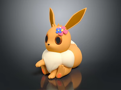 Cute Orange Rabbit with Big Ears Pink Blue Flower on Head White Belly Sitting Figure 3d model
