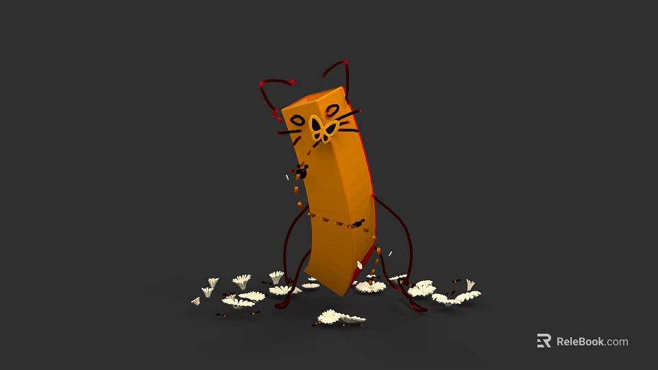 Yellow Cartoon Cat Character With Red Ears And White Scattered Elements 3d model 