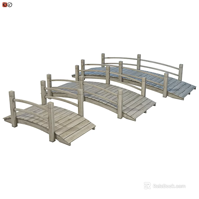 Three Wooden Arch Bridges With Railings And Planks For Garden Landscape Design 3d model 