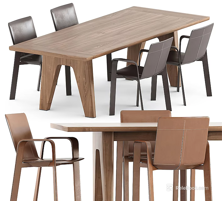 Modern Wooden Dining Table Set With Black And Brown Leather Chairs 3d model 