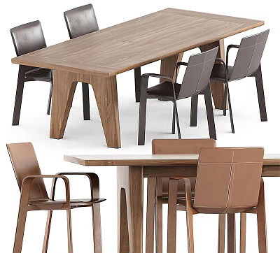 Modern Wooden Dining Table Set With Black And Brown Leather Chairs 3d model