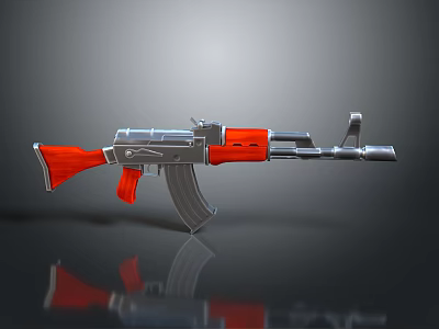 3D Rendered AK Rifle With Red Stock Grip And Silver Metallic Barrel On Gray Background 3d model