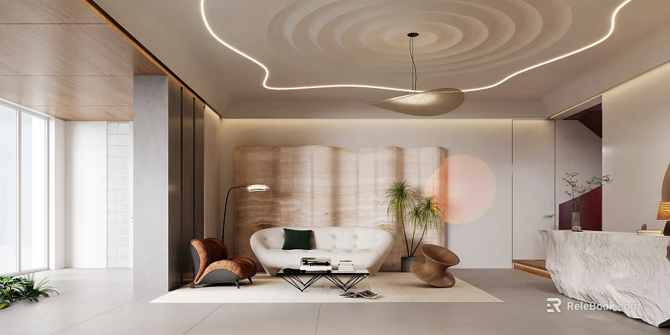 Modern Stylish Living Dining Room Interior With Curved Ceiling Pendant Light Sofa And Coffee Table 3d model 