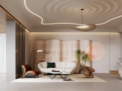 Modern Stylish Living Dining Room Interior With Curved Ceiling Pendant Light Sofa And Coffee Table 3d model