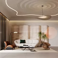 Modern Stylish Living Dining Room Interior With Curved Ceiling Pendant Light Sofa And Coffee Table