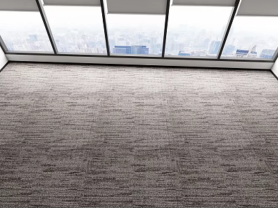 Carpeted Floor in Bright Room With Large Windows and Distant City Skyline View 3d model