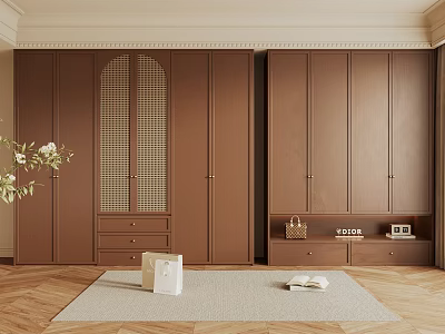 Modern Wardrobe Interior With Brown Wooden Doors And Storage Drawers Design 3d model
