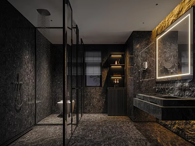 Modern Luxury Dark Marble Bathroom Interior With Warm Ambient LED Lighting And Glass Shower Enclosure 3d model
