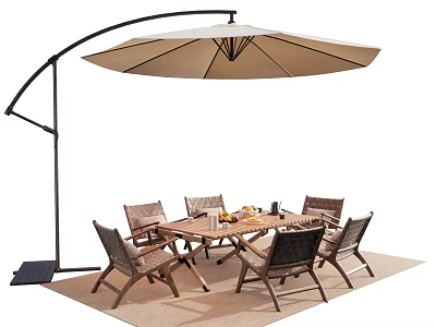 Outdoor Wooden Table With Wicker Chairs Large Umbrella Fruits And Drinks For Patio 3d model