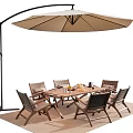 Outdoor Wooden Table With Wicker Chairs Large Umbrella Fruits And Drinks For Patio