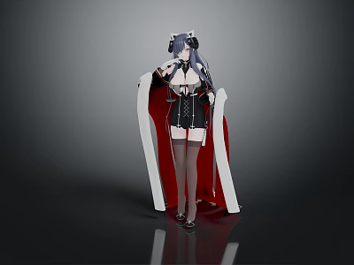 Game Movie Character With Dark Long Hair Black White Outfit And Red Cape 3d model