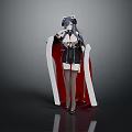 Game Movie Character With Dark Long Hair Black White Outfit And Red Cape