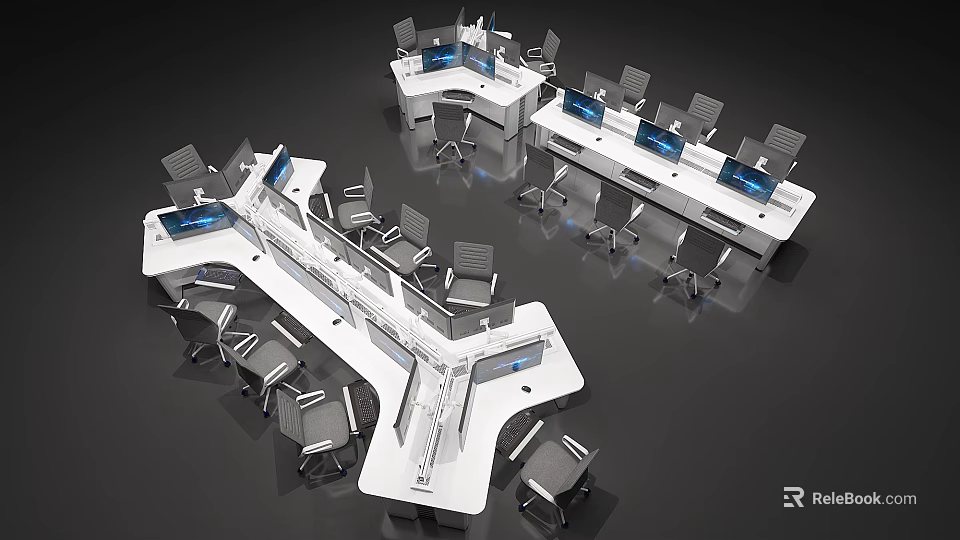 Modern Office Desk with Multiple Workstations Computer Monitors and Ergonomic Chairs in Modular Layout Design 3d model 