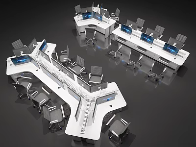 Modern Office Desk with Multiple Workstations Computer Monitors and Ergonomic Chairs in Modular Layout Design 3d model