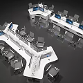 Modern Office Desk with Multiple Workstations Computer Monitors and Ergonomic Chairs in Modular Layout Design 3d model