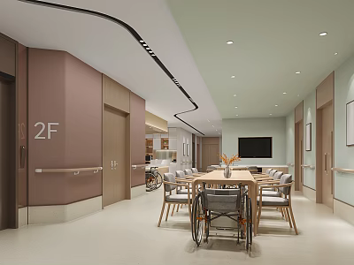 Elderly Care Facility Public Dining Area 2F Corridor With Wheelchair Handrails And Wooden Table 3d model