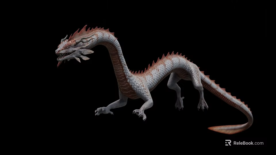 Reptile Dragon 3D Model with Long Body Red White Scales Open Mouth and Long Tail 3d model 