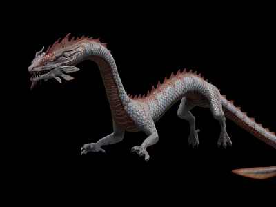 Reptile Dragon 3D Model with Long Body Red White Scales Open Mouth and Long Tail 3d model