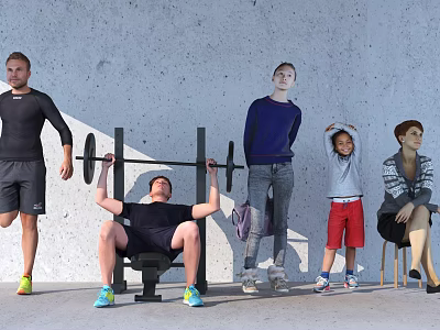 Group of People Weightlifting And Standing Near Gray Wall Outdoors 3d model