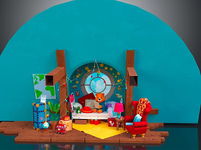Cozy Kids Room Furniture With Blue Arched Wall Wooden Frame Sofa Chair And Toys 3d model