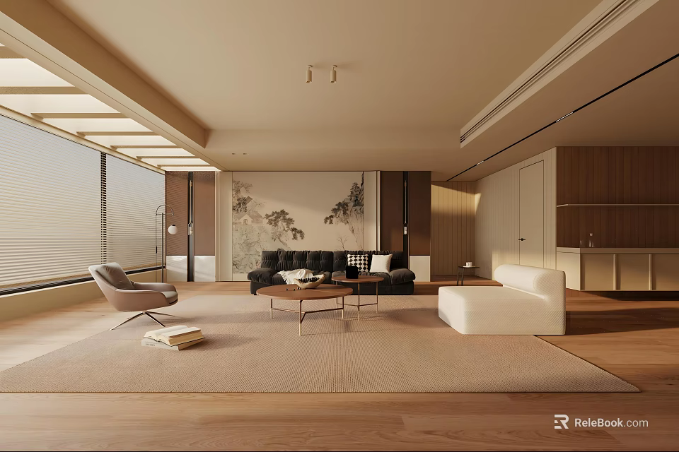 Modern Living Room Interior Design With Sofa Coffee Table Area Rug And Decorative Painting 3d model 