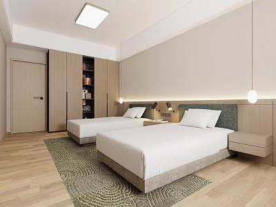 Modern Hotel Guest Room With Twin Beds Nightstands Patterned Rug And Wooden Flooring 3d model
