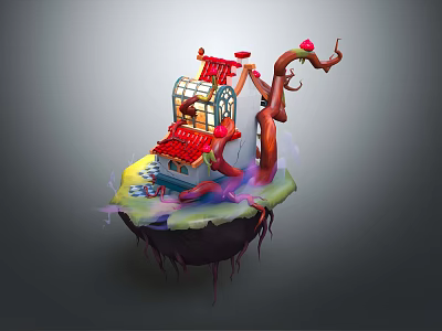 Fantasy Building With Red Roof On Floating Island And Curved Red Vine With Red Flower 3d model