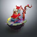 Fantasy Building With Red Roof On Floating Island And Curved Red Vine With Red Flower