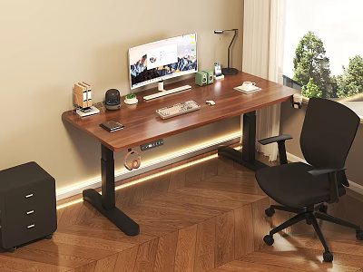 Entertainment Desk with Wooden Top Computer Monitor Keyboard Mouse Desk Lamp and Black Office Chair 3d model