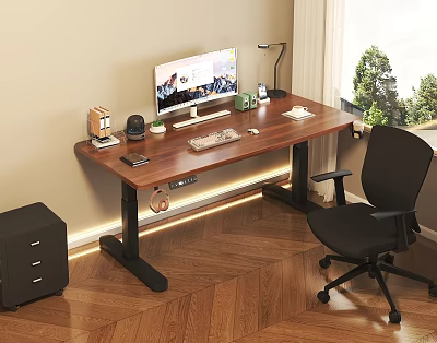 Entertainment Desk with Wooden Top Computer Monitor Keyboard Mouse Desk Lamp and Black Office Chair 3d model