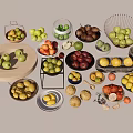 Colorful Variety of Fresh Fruits in Baskets Bowls and Plates on Wooden Floor