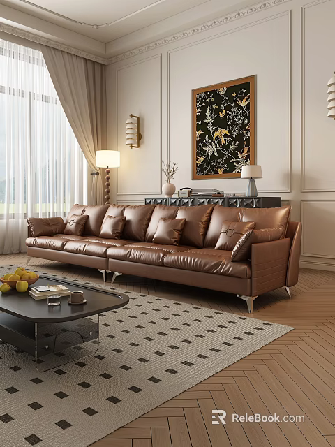 Modern Brown Leather Sectional Sofa In Living Room With Coffee Table Fruits And Decorative Painting 3d model 