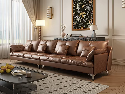 Modern Brown Leather Sectional Sofa In Living Room With Coffee Table Fruits And Decorative Painting 3d model