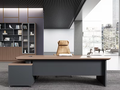 Modern Office Desk With Wooden Top Gray Frame Leather Chair And City View 3d model