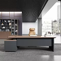 Modern Office Desk With Wooden Top Gray Frame Leather Chair And City View