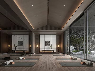 Yoga Studio Interior With Yoga Mats Wooden Floors Large Windows Mirrors And Natural Scenery 3d model