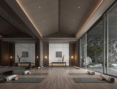 Yoga Studio Interior With Yoga Mats Wooden Floors Large Windows Mirrors And Natural Scenery 3d model