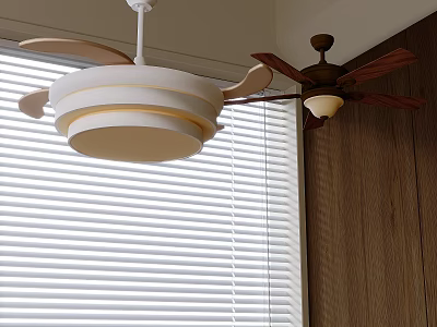 White Multi Layer Pendant Light With Ceiling Fan In Room With Window Blinds Wooden Wall 3d model