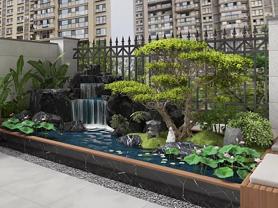 Serene Garden Landscape With Waterfall Rockery Lotus Pond Green Plants And Iron Fence 3d model