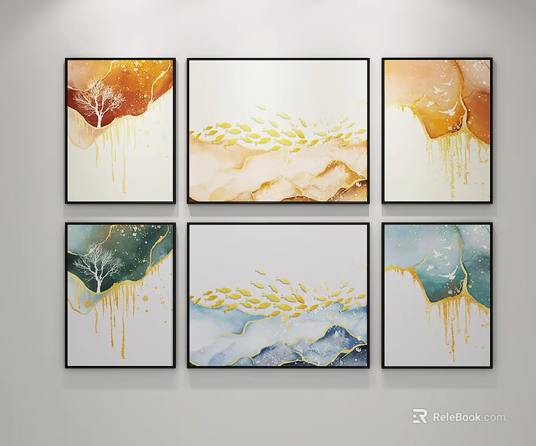 Modern Abstract Wall Art Decorative Paintings With Gold Green Blue Elements And Black Frames 3d model 