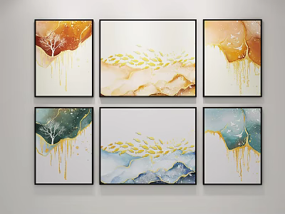 Modern Abstract Wall Art Decorative Paintings With Gold Green Blue Elements And Black Frames 3d model