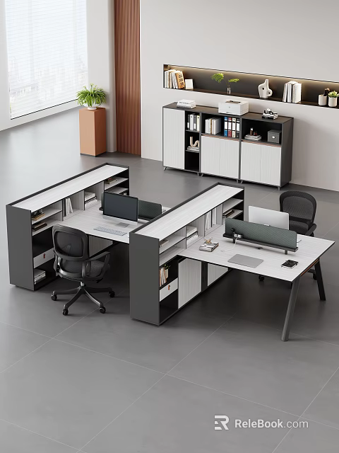 Modern Office Desk And Chair Set With Workstations Storage Shelves And Computer Monitor 3d model 