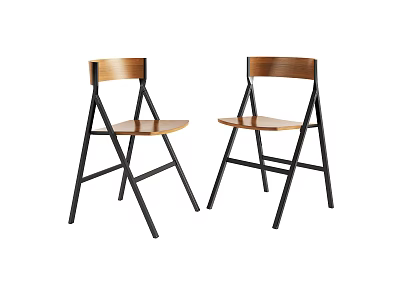 Set Of Two Foldable Leisure Chairs With Wooden Seat And Black Metal Frame 3d model