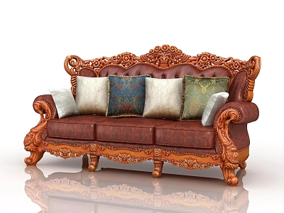 Ornate Three-Seater Sofa Brown Leather with Intricate Carved Details and Decorative Pillows 3d model
