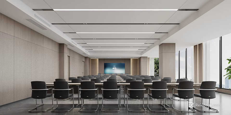 Modern Conference Room Interior With Large Screen Wooden Walls Ceiling Lights And Chairs 3d model 