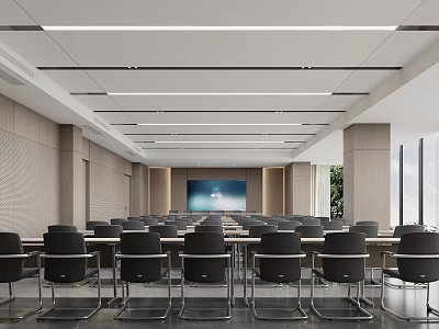 Modern Conference Room Interior With Large Screen Wooden Walls Ceiling Lights And Chairs 3d model