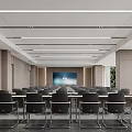 Modern Conference Room Interior With Large Screen Wooden Walls Ceiling Lights And Chairs