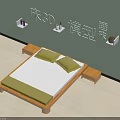 Double Bed with Wooden Frame White and Green Mattress Bedside Tables and Wall Mounted Shelves