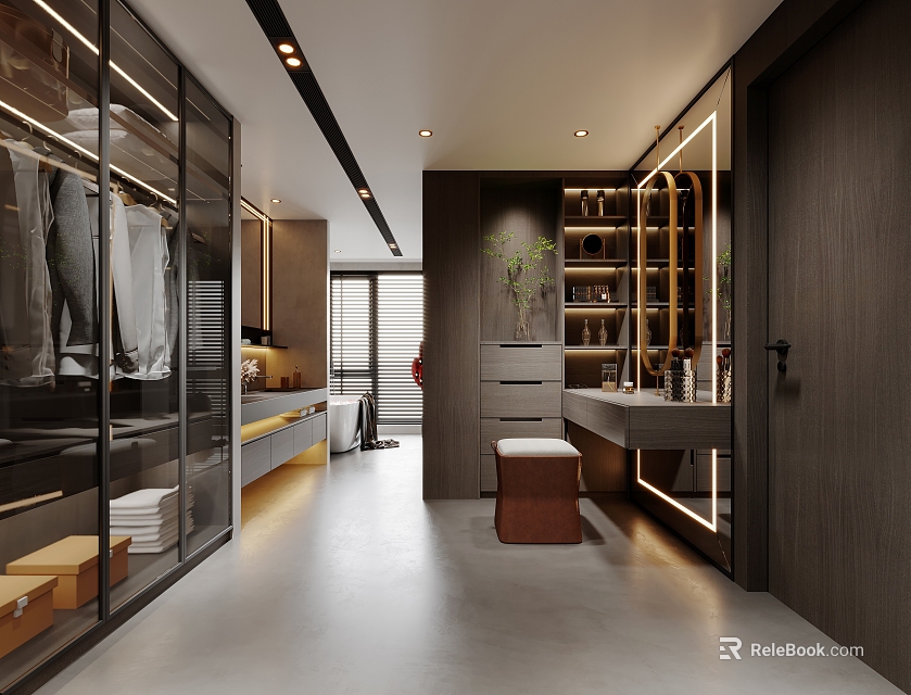 Modern Walk in Closet Interior With Glass Door Wardrobes And Wooden Storage Cabinets 3d model 