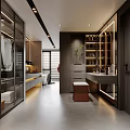 Modern Walk in Closet Interior With Glass Door Wardrobes And Wooden Storage Cabinets